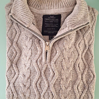 Threadbare Herren Strickpullover Grau 2XL Zopfmuster Half-Zip Stehkragen