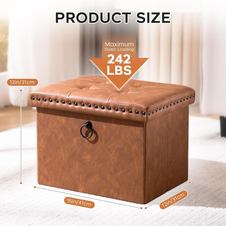 Otomana de almacenamiento plegable, pequeño taburete reposapiés de cuero sintético con botón acolchado  Foto 2 de 4