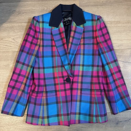 Vintage Laurel Escada 100% Wool Blazer Jacket Colorful Plaid Size 34