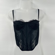 Black Lace Corset Bustier Top Small Sheer Mesh Boned Indie Gothic Y2K Crop Cami