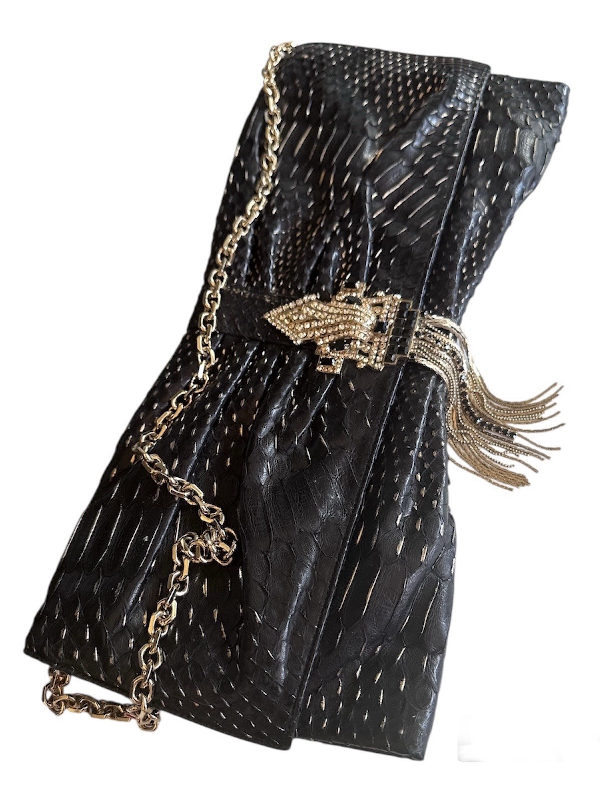 Judith Leiber Python SnakeSkin Crystal Black Day … - image 5