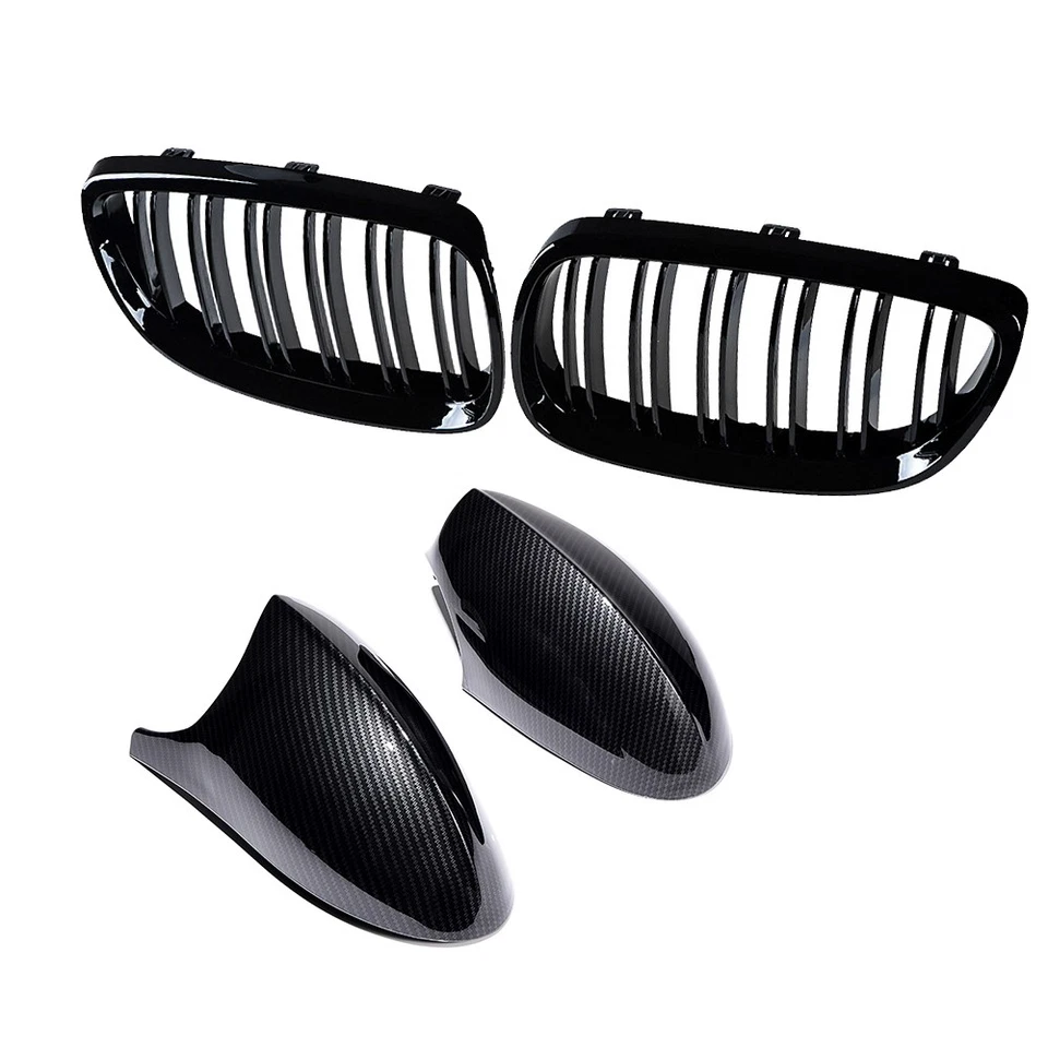 For 06-10 BMW E92 E93 Coupe Gloss Black Kidney Grill + Carbon Fiber Mirror Caps Foto 3 de 4