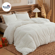 Fluffy Comforter Set Queen - Super Soft Faux Fur Bed Set Cream White, Warm Plush