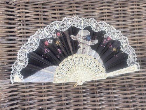 Vintage Hand Fans Spanish Souvenir Fabric Lace, Chinese Paper Wood 3 X Bundle - Picture 11 of 14