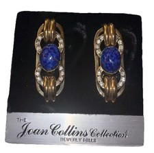 Vintage Joan Collins Blue Cabochon Rhinestone Clip On Earrings Gold Tone NOS