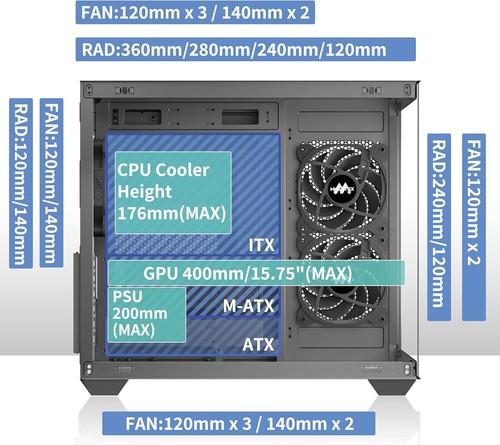 360MM Radiator Compatible Gaming Case - Black, 3 x 120mm Fans Pre-Installed - Picture 8 of 9