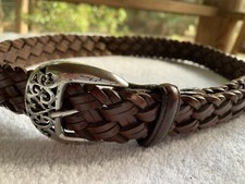 VTG Belt Women Small Woven Leather Belt Filigree Silver Heart Buckle Brown 1995
