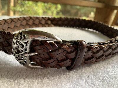 Woven Brown Leather Women’s Belt with Silver Buckle Vintage 90s Brighton Brown Woven Leather/crock Embossed  main image 4
