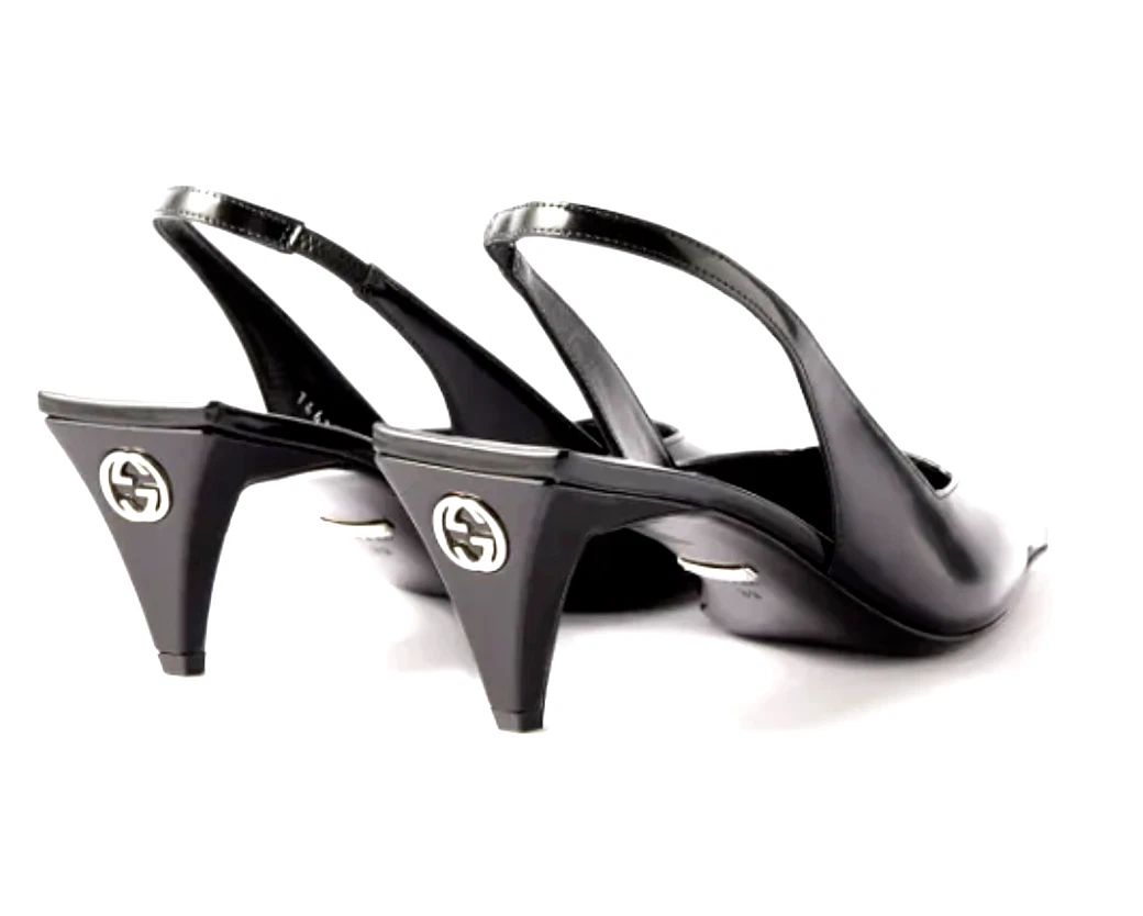Gucci Mallory Pointed Toe Slingback Pumps Black Patent Leather Shoes 36