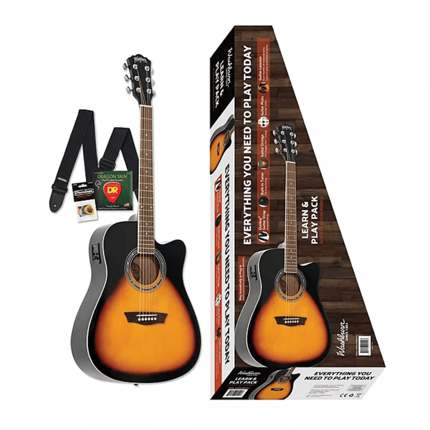 Washburn Guitars WA90CEVSBPACK-U Learn & Play Pack Acoustic Guitar Bundle