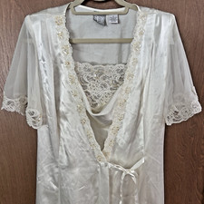 Vintage Med Satin Bridal Boudoir Long Nightgown Peignoir Set Pearls Sequins Lace