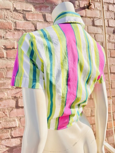 DOLCE & GABBANA D&G Shirt Crop Top Tie Striped Green Pink Cotton Bow SZ S IT 40 - Picture 4 of 24