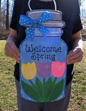 X-Large 18" WELCOME SPRING Mason Jar SIGN Door Hanger Hanging Plaque Decor