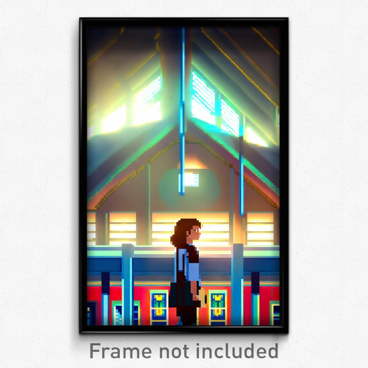 Pixel Art Poster - Fantastic School (8 Bit Psychedelic Trippy Video Game Print)