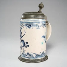 German Pewter-Mounted Tin Glazed Faience Beer Stein Antique 18th C 9" *AS IS*