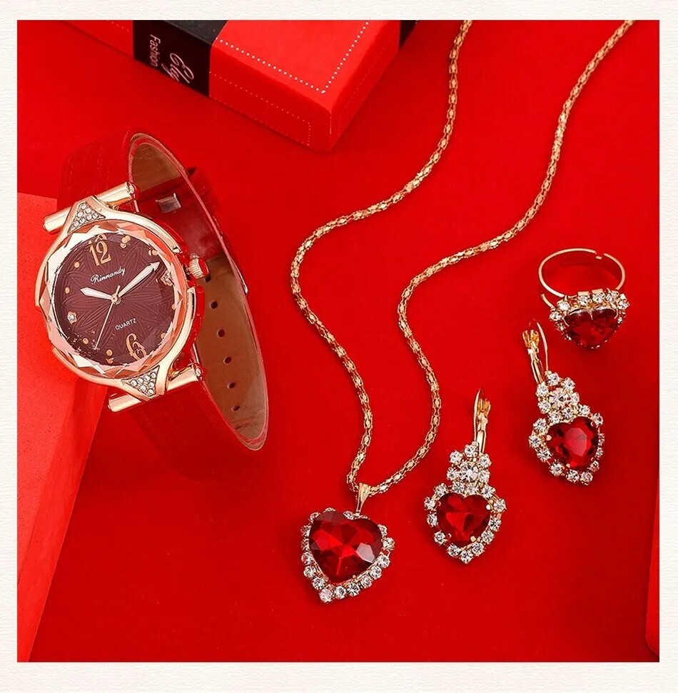 Ensemble Montre Et Parure Femme - 5 Pièces, Cuir Noir, Boîtier Doré, Mouvement Quartz