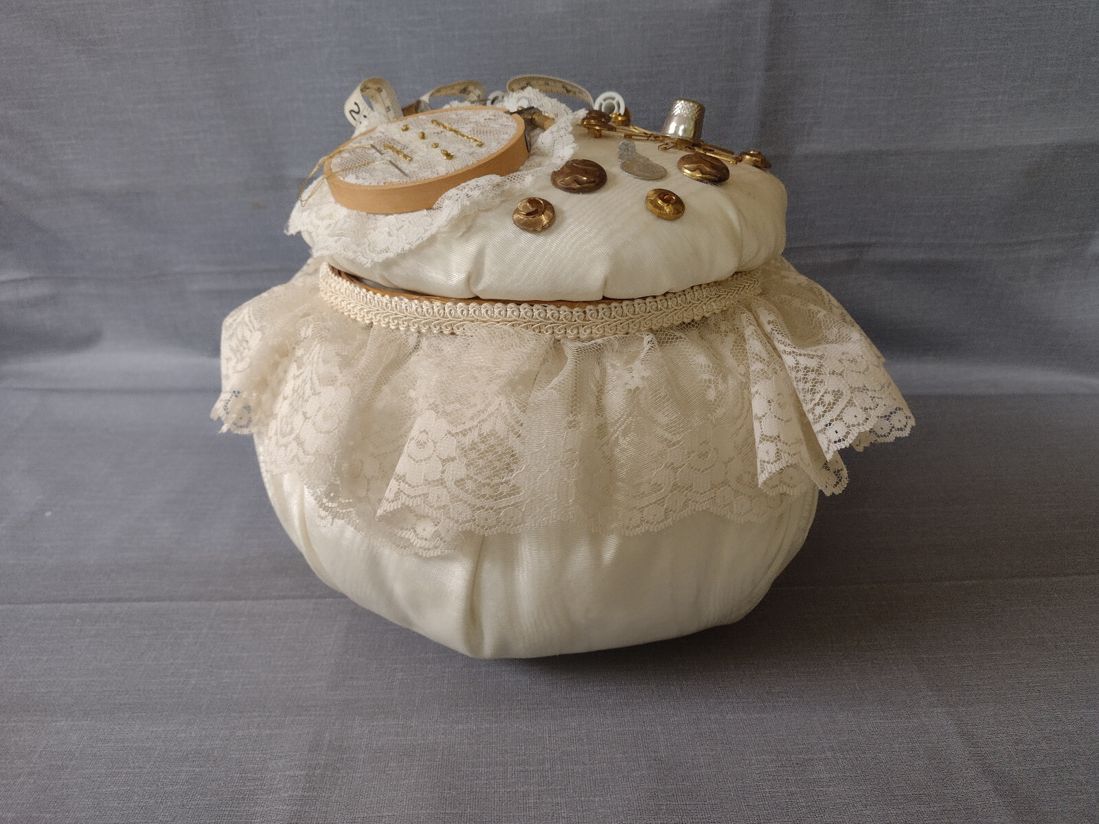 Sewing Basket Round Ornate Decorated White Lace Trim with Accessories