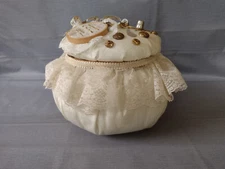 Sewing Basket Round Ornate Decorated White Lace Trim with Accessories