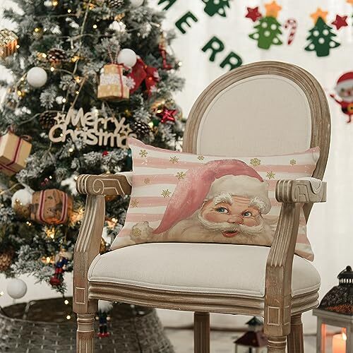Pink Santa Claus Stripes Throw Pillow Cover, 12 x 20 Inch Pink Christmas - Picture 4 of 7