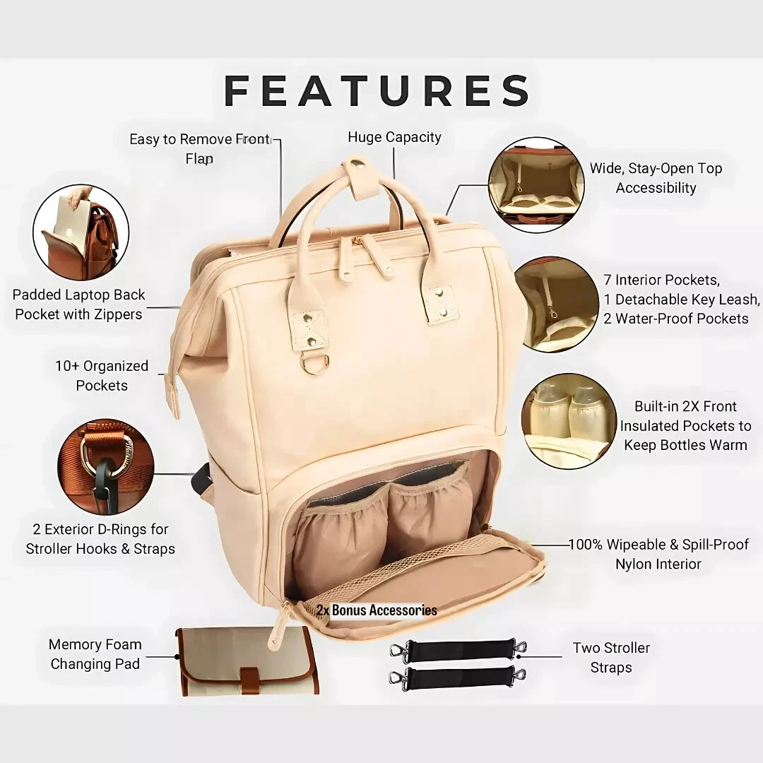 🔥Best Trending Diaper Bag Backpack Changing Bag for Mom Baby Shower Gift, Beige