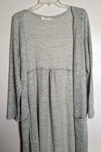 CREAM Glittery Gray Size Large Open Front Cardigan Sweater Long Length Pockets - Picture 2 of 4