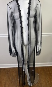 Black Sheer Lace Mesh Robe Sexy Open Cover Up Long Sleeve Nightgown M