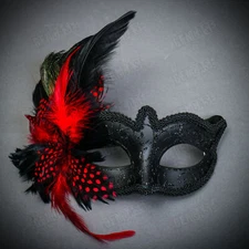 Venetian Black Glitter Side RED Feather Women Eyes Mask Masquerade Party fNight