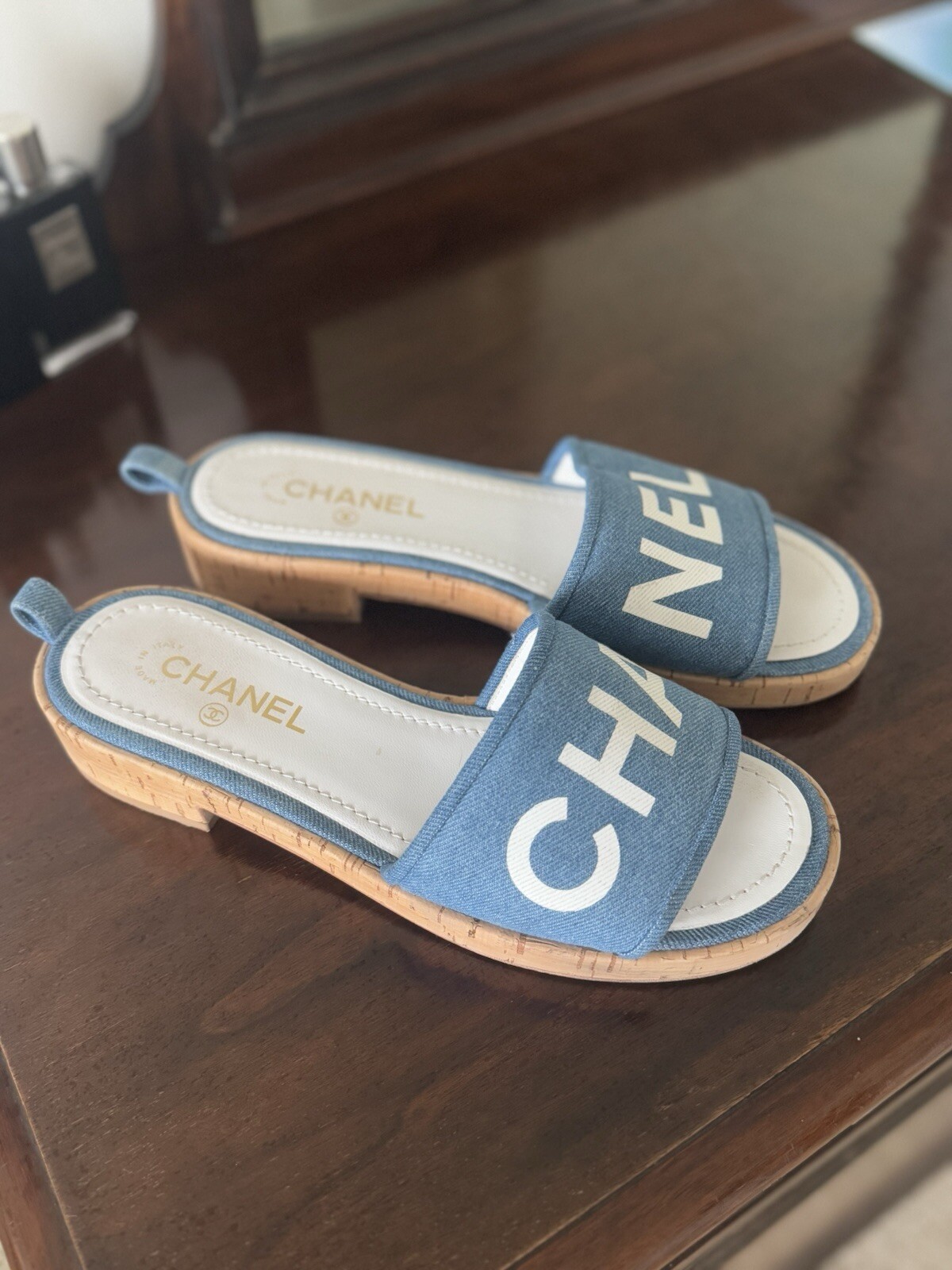 Chanel Authentic Denim Logo Cork Sandals EU41