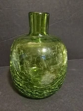 Blenko  Green Crackle Art Glass Bottle/ 5.5"H Vase