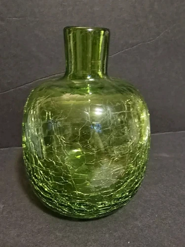 Blenko  Green Crackle Art Glass Bottle/ 5.5"H Vase