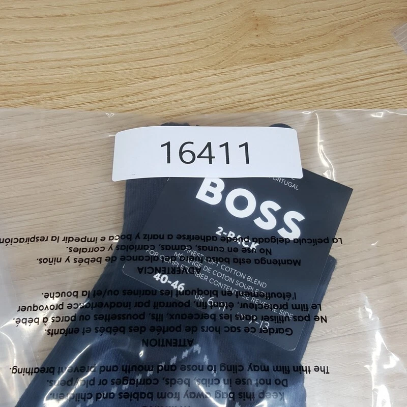 HUGO BOSS Crew Dress Socks Mens 7-13 Navy Argyle Solid 2-Pack Logo Cotton Blend - Image 4 of 4