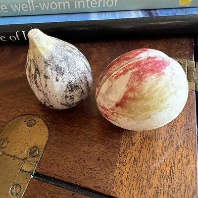 2 Italian Alabaster Hand Carved Alabaster Fruit Fig 3  And Plum 2.5 