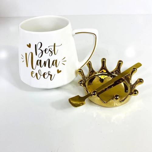 Best Nana Ever Coffee Mug Gold Crown & Spoon Gift Set By Mayicivo White/Gold New - Picture 2 of 5