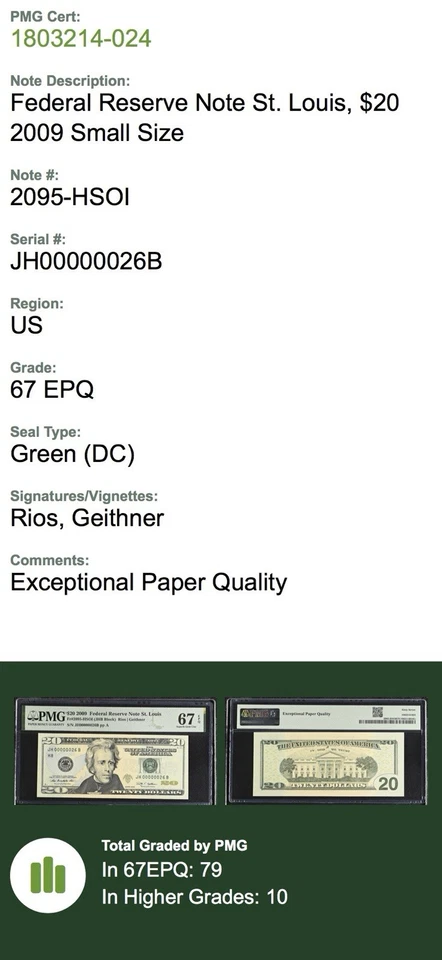 2009 $20 PMG 65 EPQ Fancy Serial Super Low Number GEM JF0000026B FRN Atlanta - Image 3 of 3