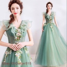 Ladies Green Dreamlike Princess Fairy Floral Dress V Neck Banquet Prom Gown Hot