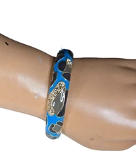 Women's Gold Plated Blue Black Multi Enamel Crystal Hinged Bangle Bracelet NWOT