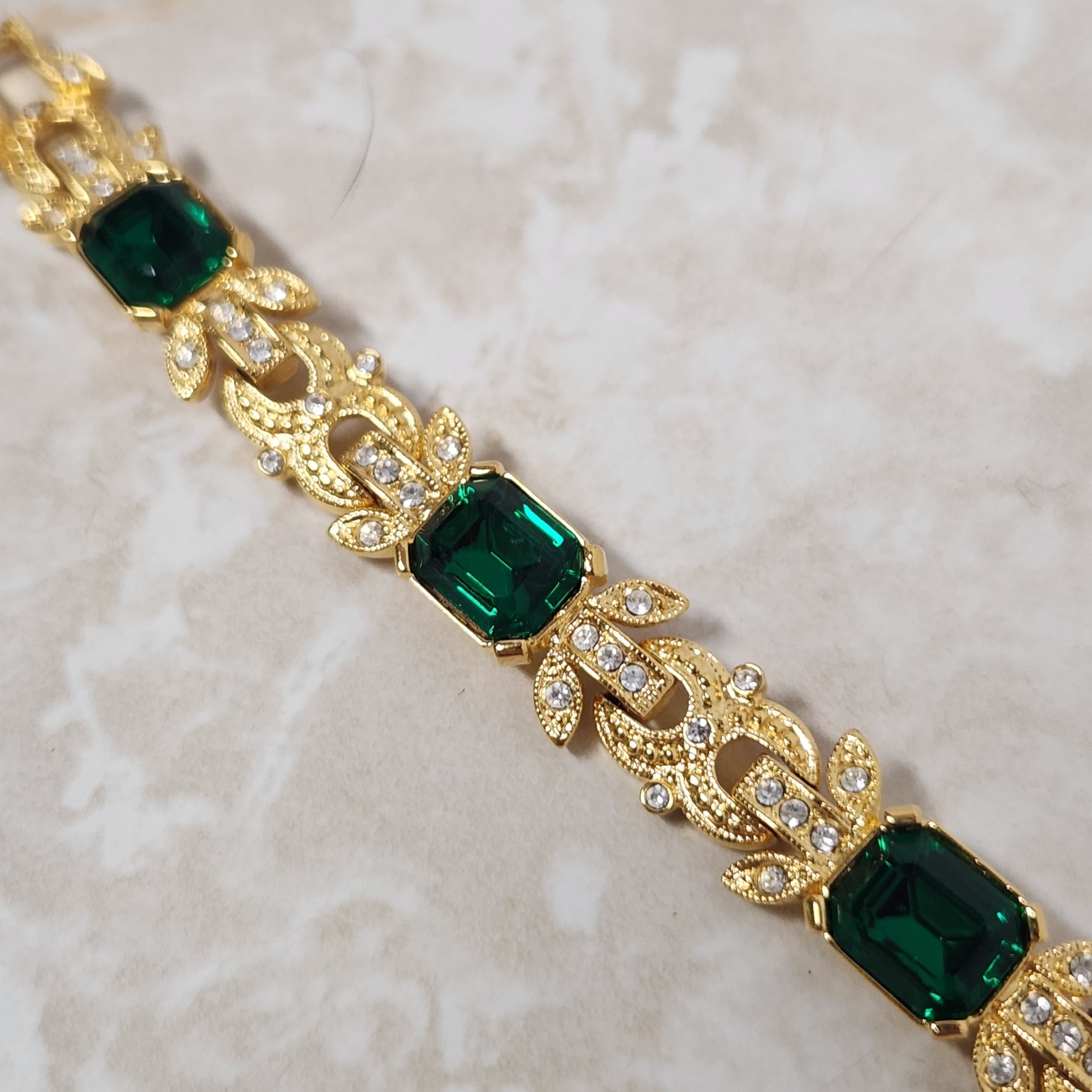Vintage Joan Rivers Link Bracelet Gold Tone Dark Green & Clear Crystals Signed