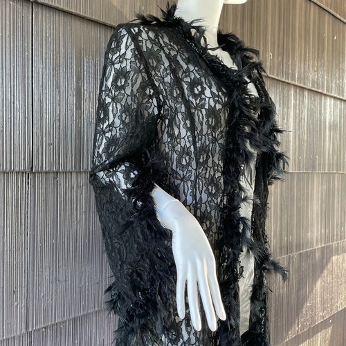 Vintage 80s Lace Feather Trim Long Robe Gothic Coquette Duster Lingerie SML - Picture 3 of 18
