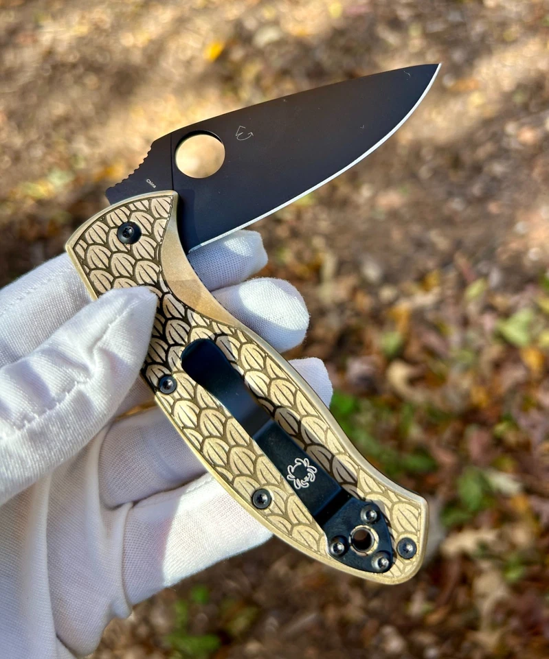 Spyderco Tenacious | Custom Brass Scales Dragon Skin | Laser Engraved - Image 2 of 4