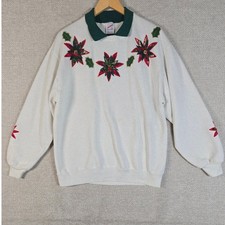 Vintage Jerzees Womens White Poinsettia Christmas Sweatshirt Collared Large USA