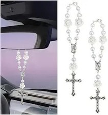 2PCS White Flower Rosary Rearview Mirror Charm, Personaliz Color: White flower