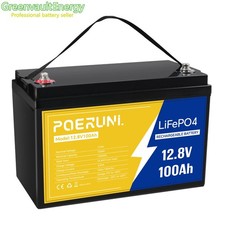 POERUNI 12.8V 1280Wh 100Ah LiFePO4 Lithium Battery Deep Cycles Built-in BMS NEW