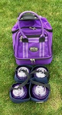 4 x TAYLOR VECTOR-VS …PURPLE WITH MAGENA SPECKS…LAWN BOWLS…SIZE 1…WITH BAG.
