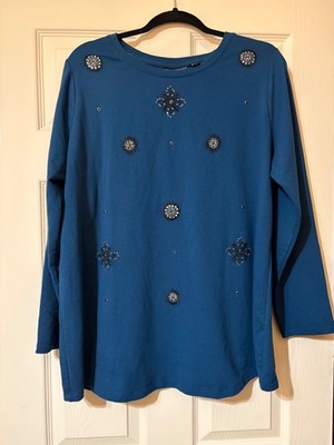 Susan Graver Weekend Women's Sz 1X French Terry Embellished Sweatshirt Teal Boho