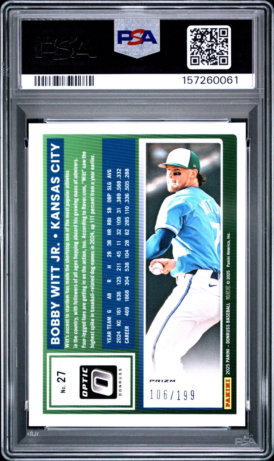 2025 Donruss Bobby Witt Jr. Optic Orange #27 PSA 9 Mint  Prizm 106/199 Royals view 2