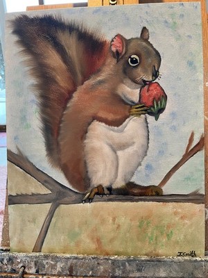 Original oil painting signed 11 x 14 in cute squirrel eating a strawberry 