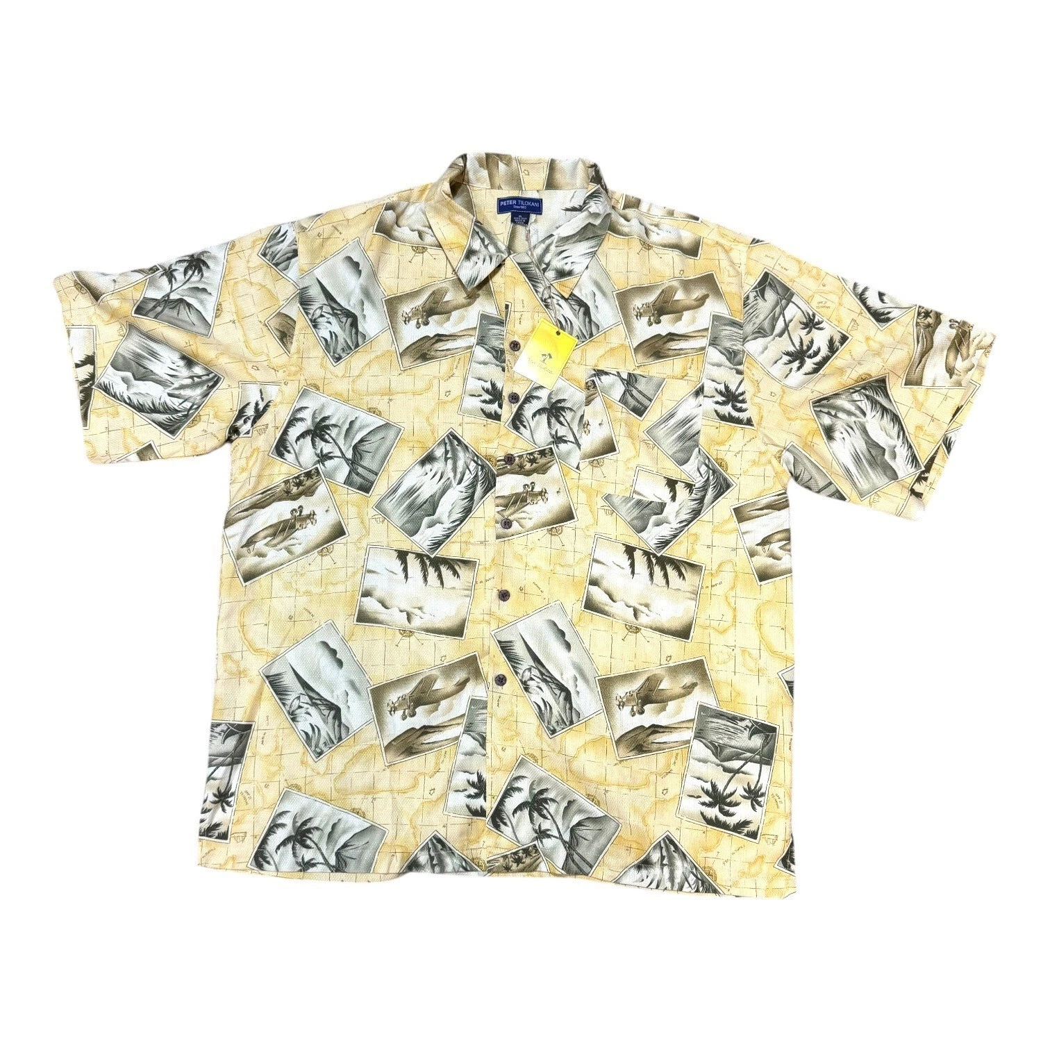 Peter Tilokani XL Hawaiian Camp Shirt 100% Silk Tropical Palm Tree Map NEW Beach