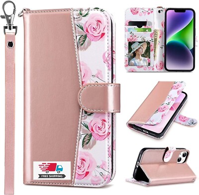 For iPhone 14 Plus 2022 Wallet Case Protective Card Holder Credit Slot Leather