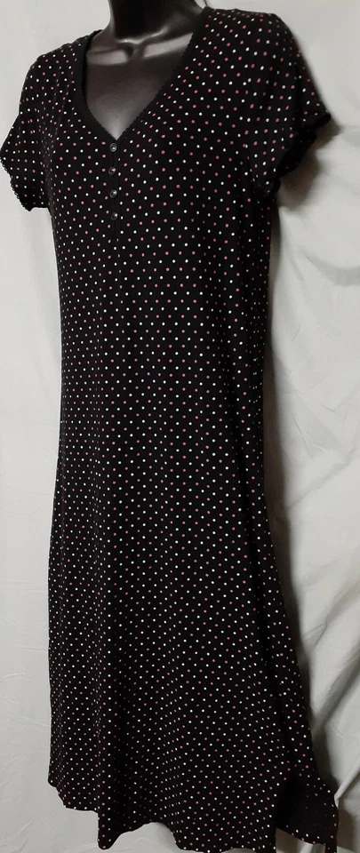 Camisón Charter Club negro lunares pantorrilla manga gorra algodón XS 38" BUSTO Foto 2 de 4