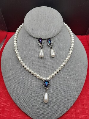 Bridal Faux Pearl Mystic Rhinestone Set Collar Necklace Dangle